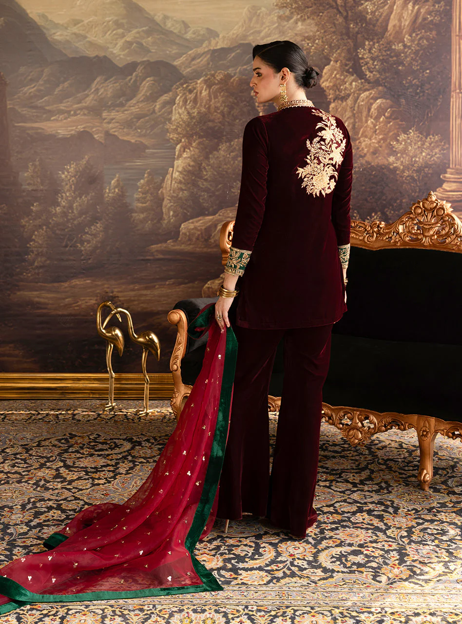 Zainab Chottani Claret Flared Pants Velura Velvet Edit 2025 - Image 2